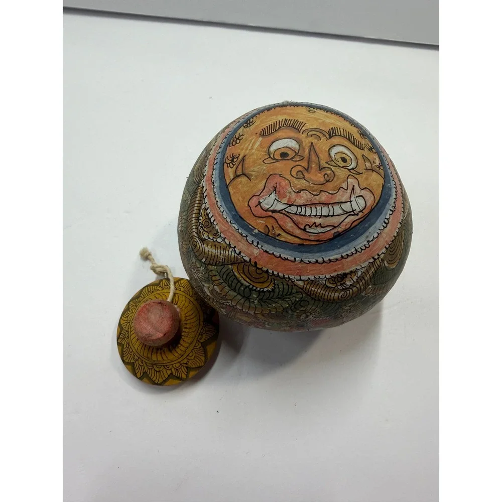 Vintage Balinese Hand Painted Coconut Shell Jar Kamasan Folk Art Lidded Pot